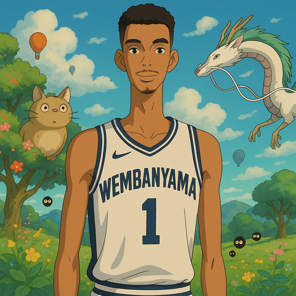 Victor Wembanyama wearing a basketball jersey, surrounded by fantastical elements, Ghibli style emoji