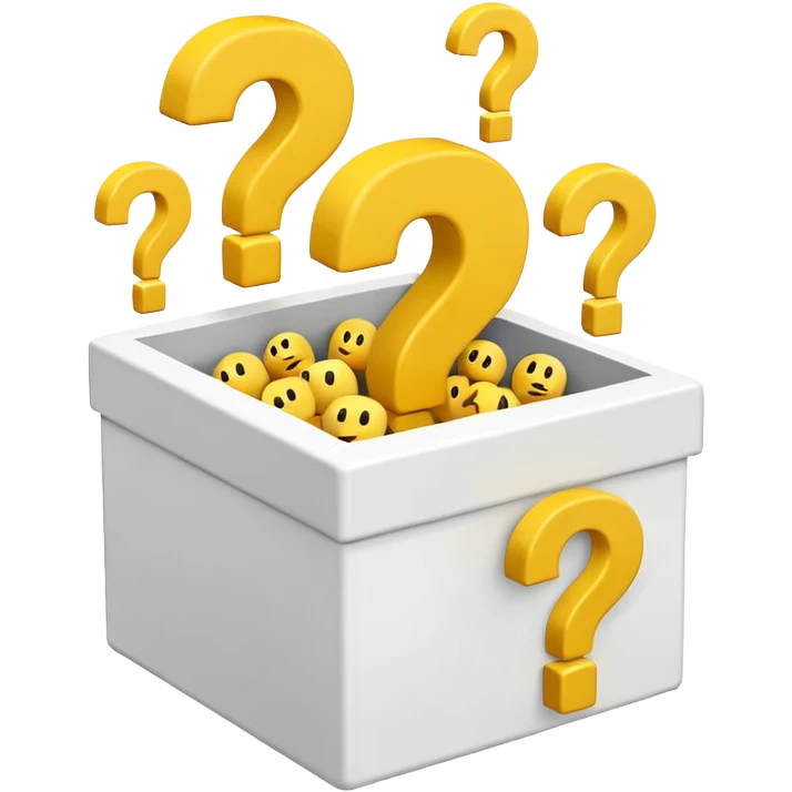 white cube shaped box over stuffed with yellow question marks emoji