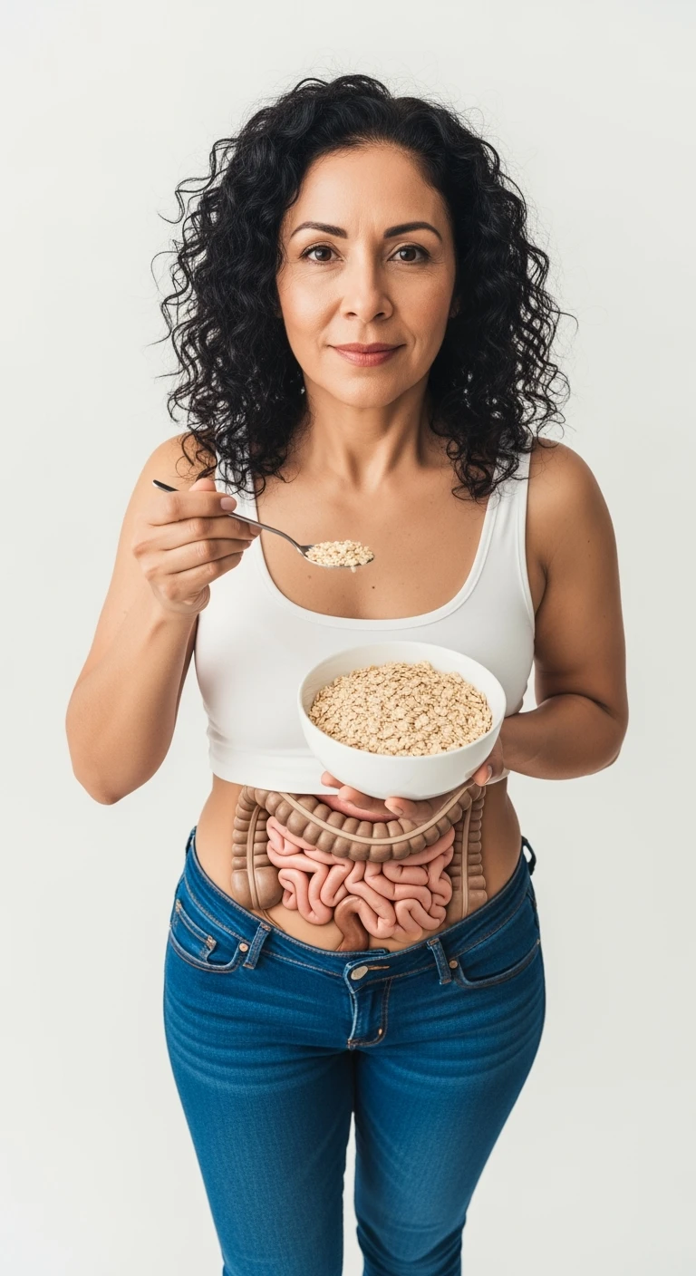 donna con bowl di avena in mano e intestino in evidenza, isolata su sfondo bianco emoji