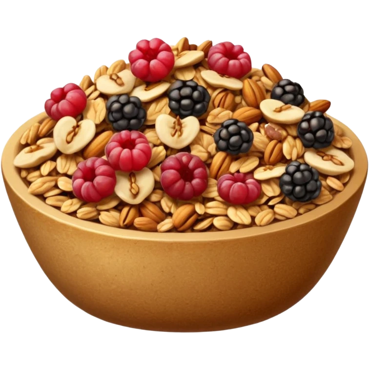 small cluster of granola with visible rolled oats, crisped clusters, nuts, seeds, dried fruit, golden brown to beige colors with hints of red or dark brown, crunchy rustic texture, irregular shapes, no bowl, yogurt, spoon, or faces, clean 3D style, soft lighting, transparent background, emoji scale emoji