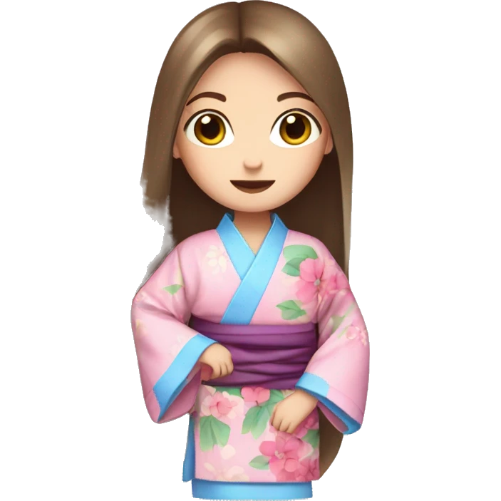 cute girl long brown straight hair and blue eyes in pink flower kimono emoji