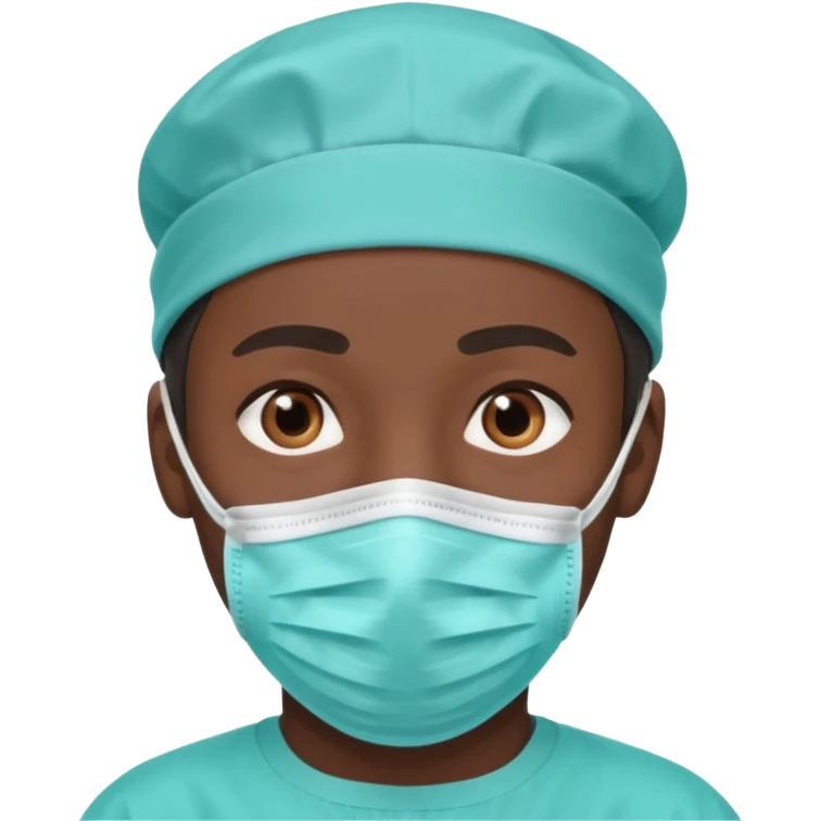 A dark-skinned man with brown eyes, wearing a teal surgical cap and face mask. emoji