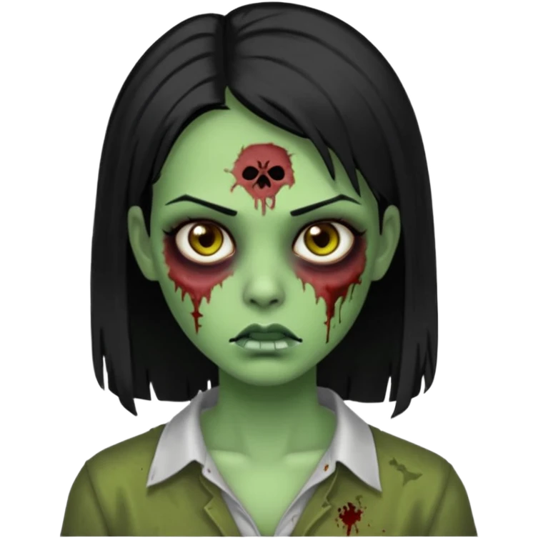 Faça uma zombie mulher bonita verde com olhos castanhos cabelos pretos partido ao meio liso com estilo de y2k baddie emoji
