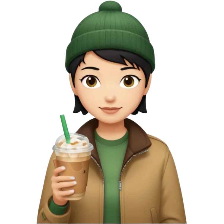 tan skin, non binary person with pixie cut black hair, wearing brown jacket and dark green beanie, shy smile , holding single iced coffee  emoji