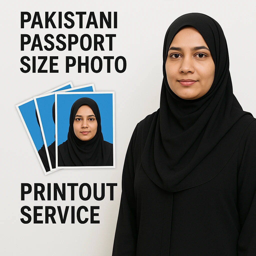 realistic thumbnail for a Pakistani passport size photo print out service, featuring an adult Pakistani woman in modest attire standing next to a fan-shaped collage of her passport size photos with blue backgrounds, on a clean white background emoji