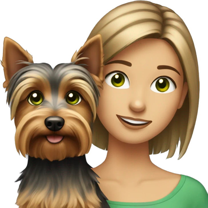 Girl with brown hair and green eyes is holding a silky terrier dog  emoji