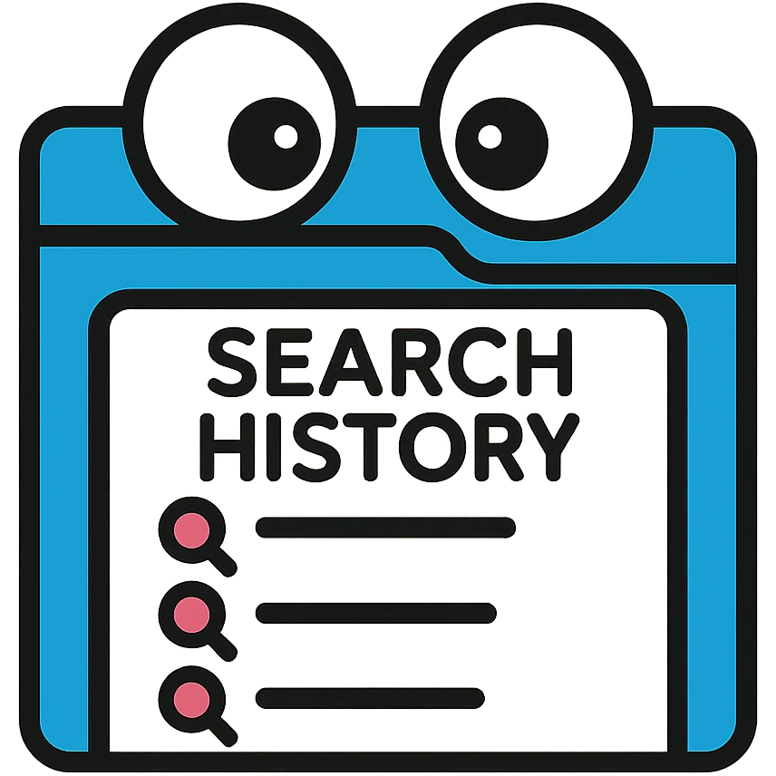 funny icon of a browser window with shocked eyes peeking over a search history list emoji