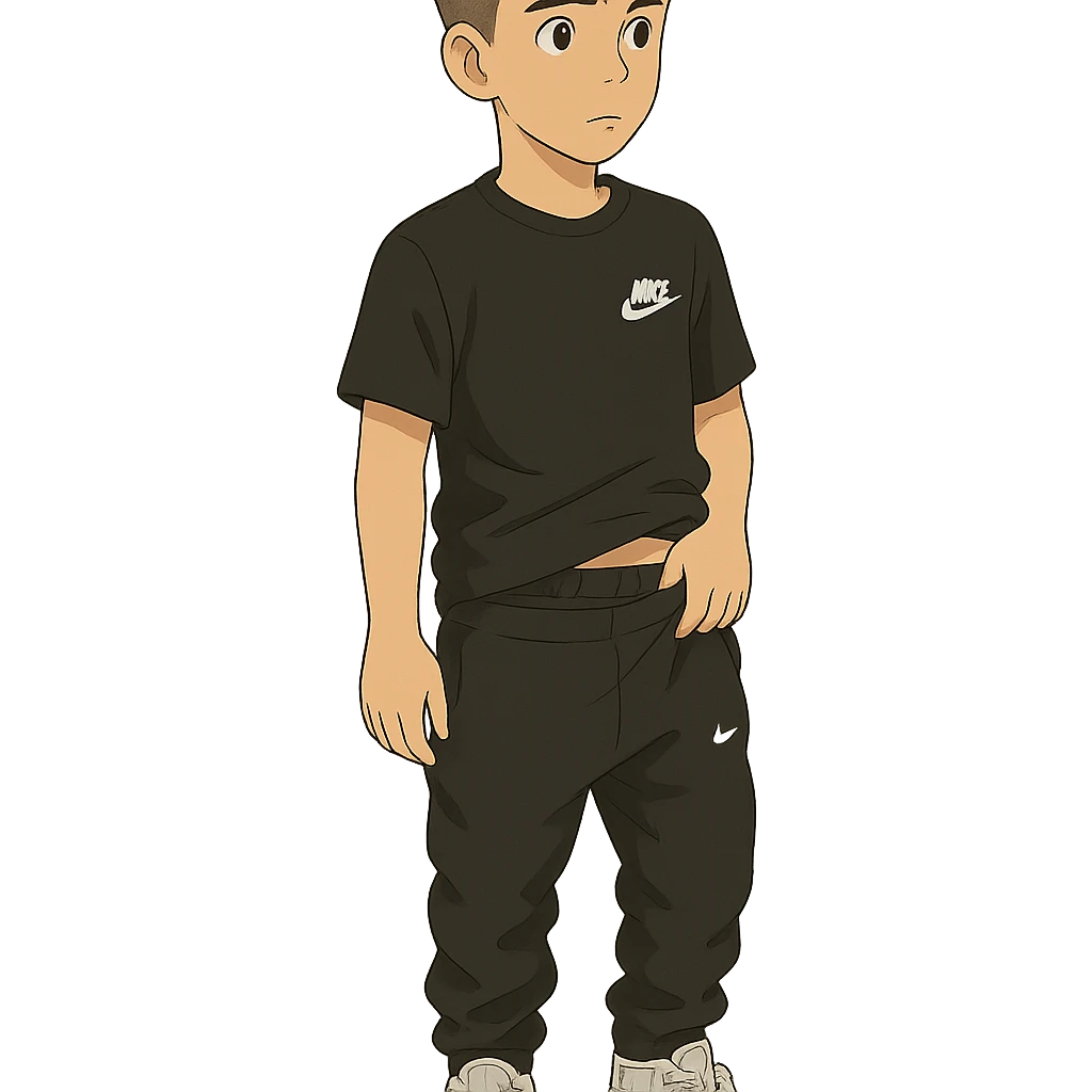 ghibli style chico de pelo moreno, corte taper fade, flequillo a las cejas, camiseta Nike negra, pantalones Nike negros bajados, zapatillas Dior blancas emoji