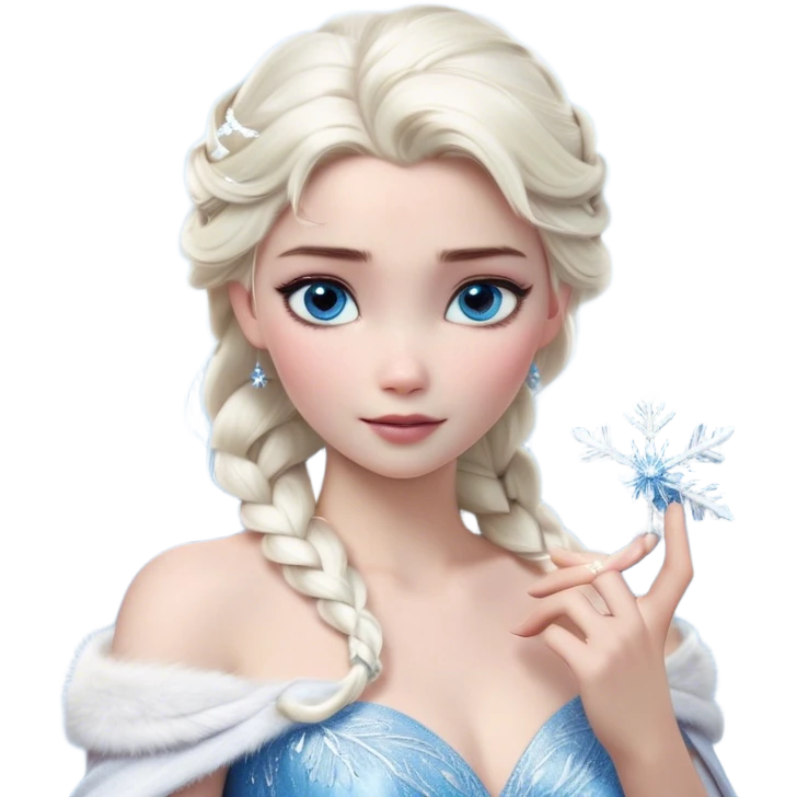 Cinematic Realistic Elsa Portrait, depicted with lifelike skin texture, soft natural lighting, and intricately detailed platinum blonde hair styled elegantly. Her striking, expressive blue eyes exude confidence and grace, complemented by a serene and regal expression. She holds a shimmering snowflake delicately in one hand, her other hand resting against her gown, embodying the power and beauty of winter. She is dressed in her signature icy attire, with shimmering fabric textures and delicate folds that catch the light beautifully. The portrait features a soft, enchanting glow with a cool, radiant finish, capturing the essence of timeless elegance in a realistic and painterly style. emoji