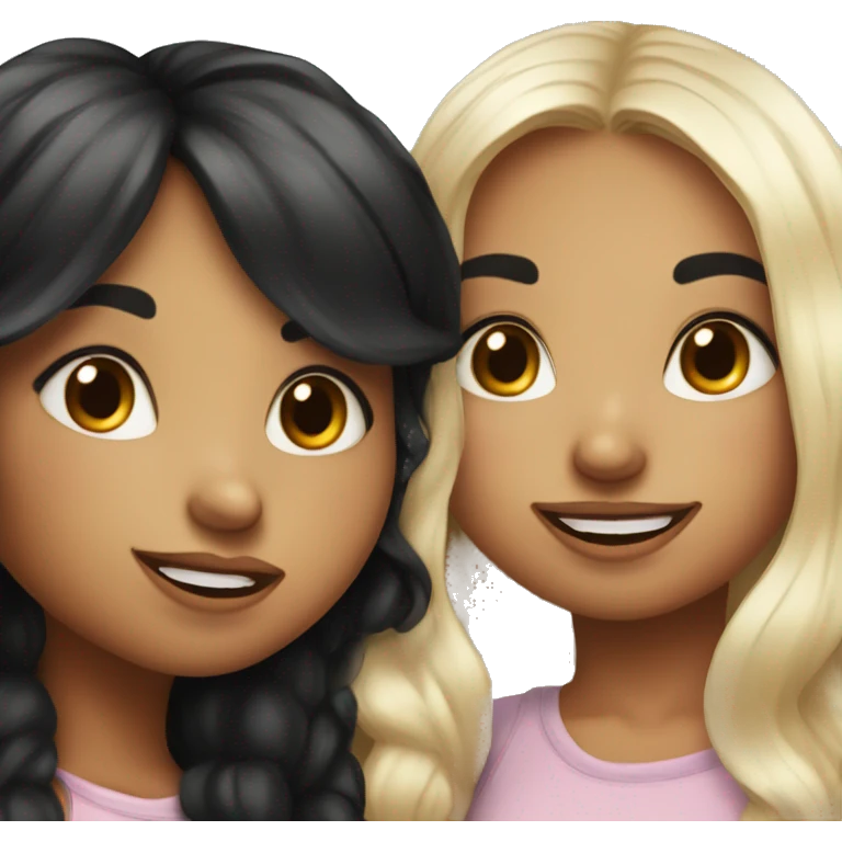 two cute cartoon style girls kissing on the lips, both girls have long black hair. One of the girls has freckles. emoji