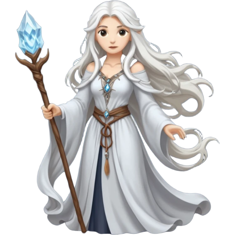 White silver Long Haired Women, Sorceress with staff — flowing white hair, calm face. emoji