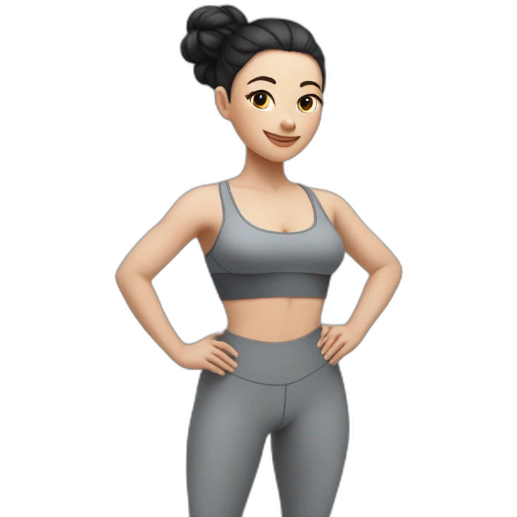 Pale skinned fit woman In a gray tight yoga suit and wristbands With black hair in a bun doing yoga emoji