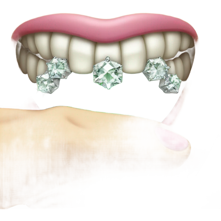 A green emoji using their pinky finger to expose their diamonds on their bottom teeth  emoji