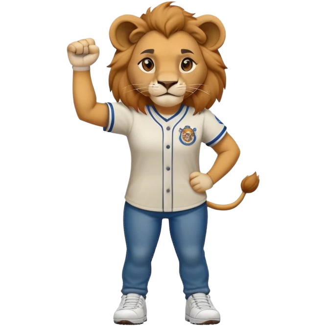 friendly anthropomorphised female lion wearing a baseball shirt, jeans, trainers, standing upright with one fist raised, looking determined and confident emoji