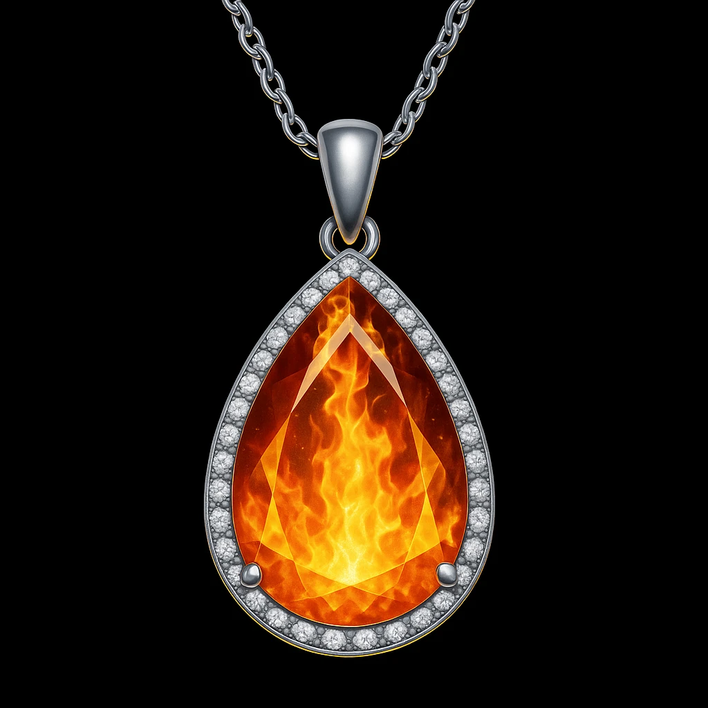 Add a yellow fiery light to the teardrop ruby pendant, representing transformation and rebirth emoji
