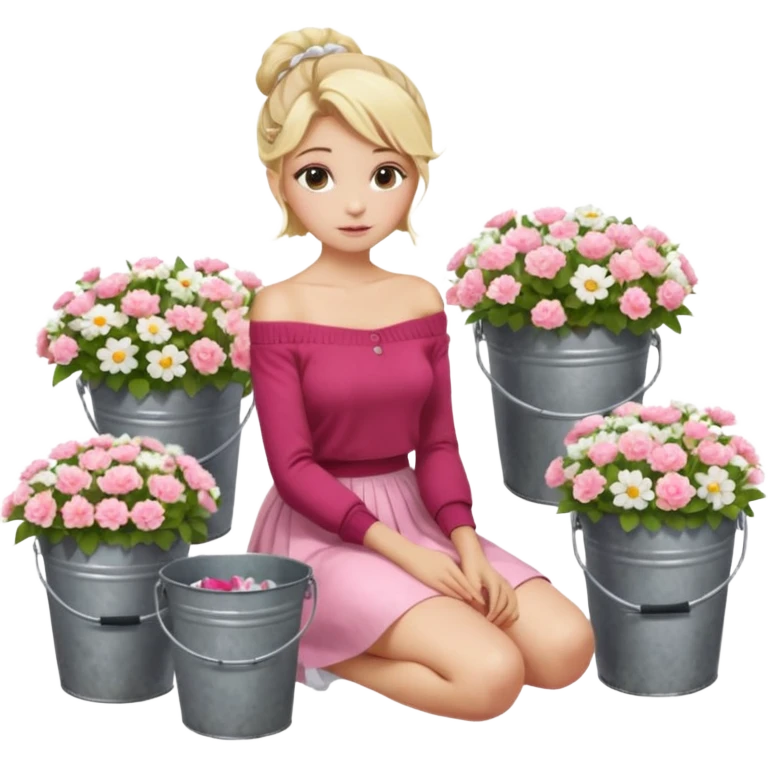 a blond girl  sitting  near various bouquets of flowers in metal buckets a white and pink flowers , Her hairstyle is slightly messy updo. She wears a red off-shoulder cardigan and a white long skirt. Her leg is extended forward toward the camera, appearing long and graceful. emoji