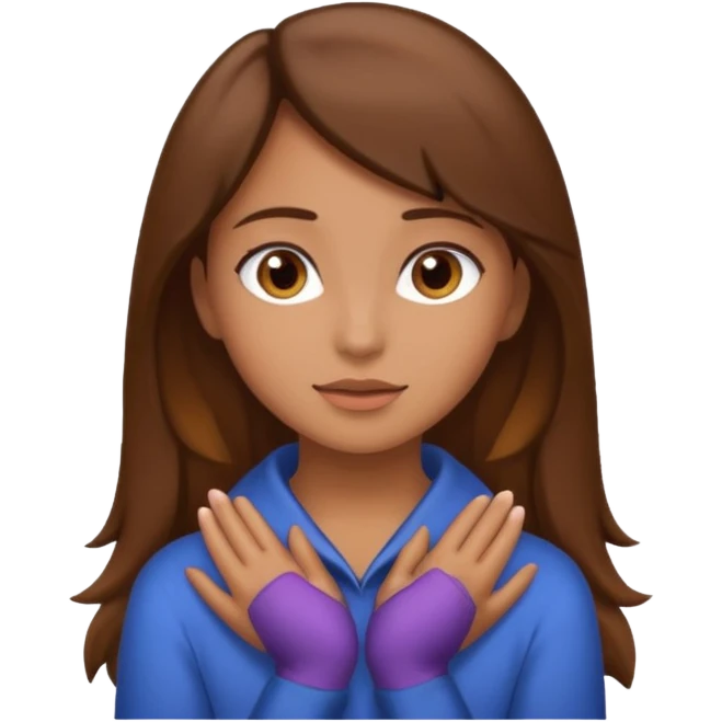 A girl with brown hair with her hands around her neck emoji