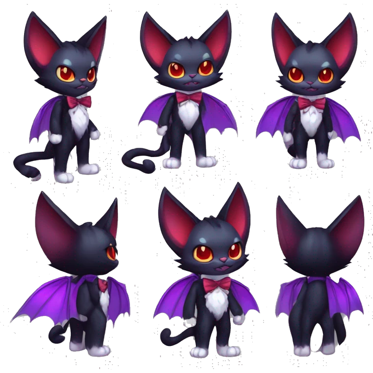 Cute-Evil-Vampiric-Batty-Cat-Black-Purple-Red-White-Contrast-Colors-Fantasy-Fur-Sona-Chibi-Shiny-Fakémon-Hybrid with horns and big fangs neck bow tie leg spats full body emoji