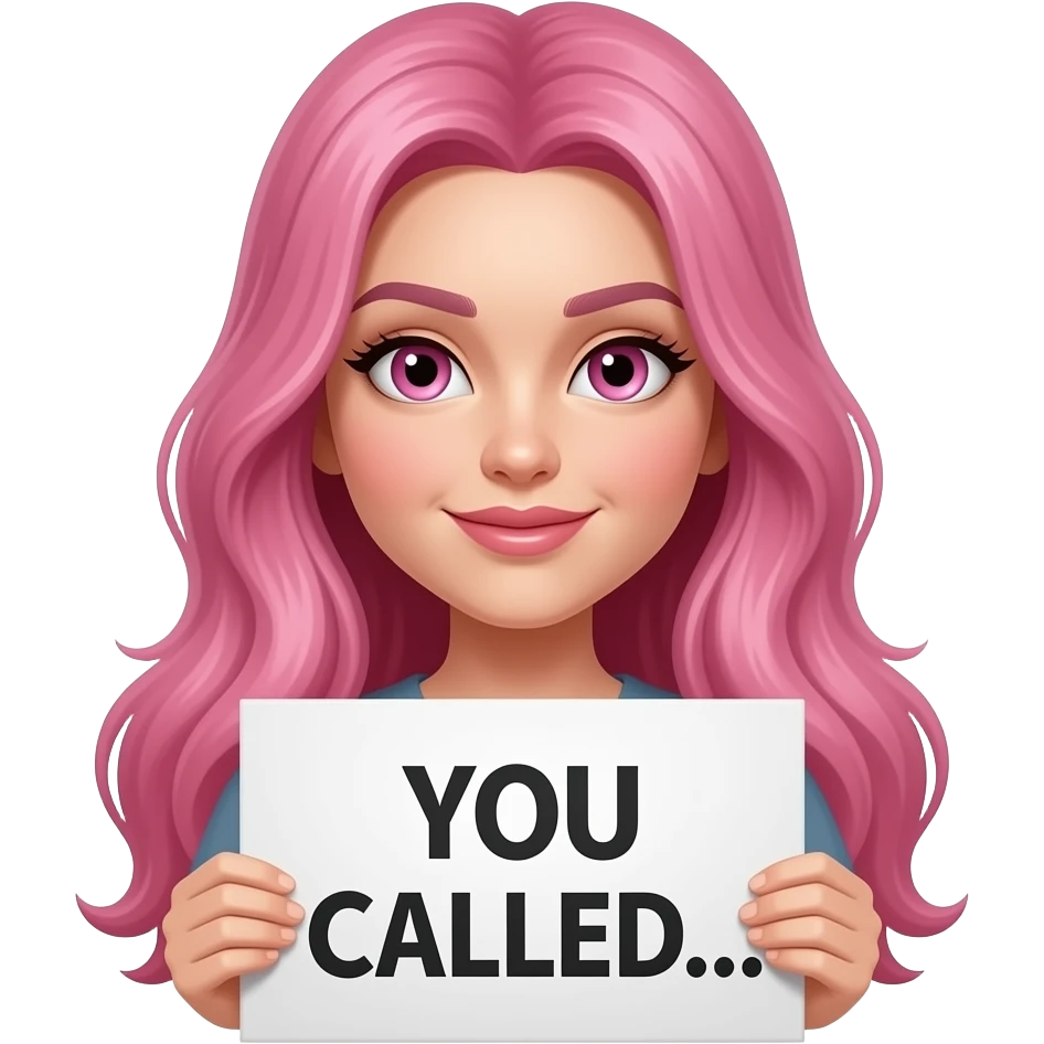 sexy girl with long pink hair and pink eyes wearing a holding a YOU CALLED... sign emoji