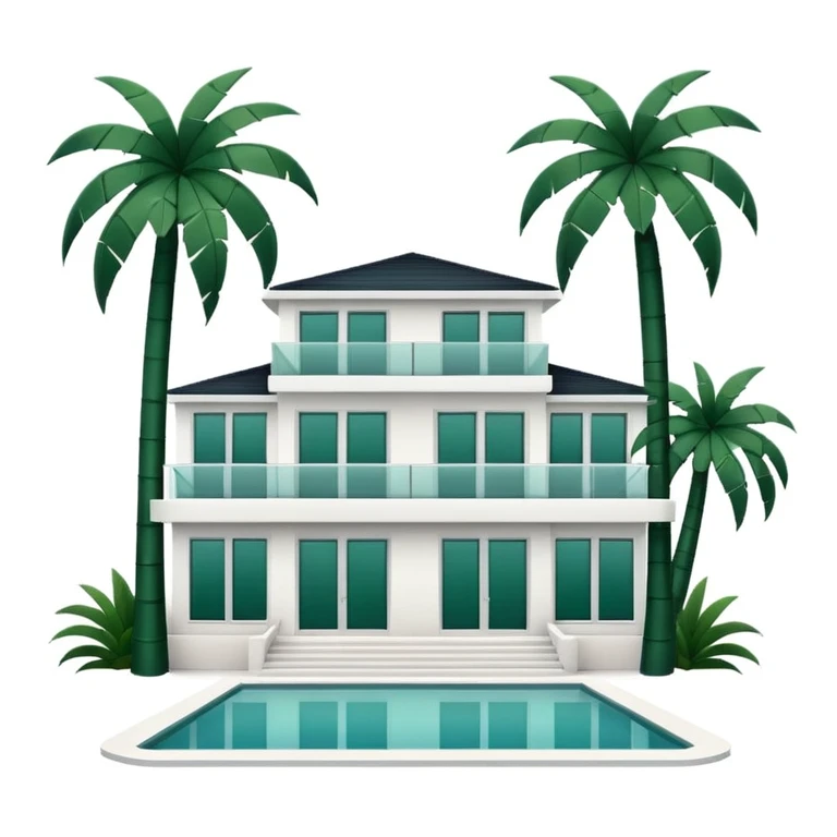 white modern villa with dark green palm trees around, minimalism, no emojis or faces, white background emoji