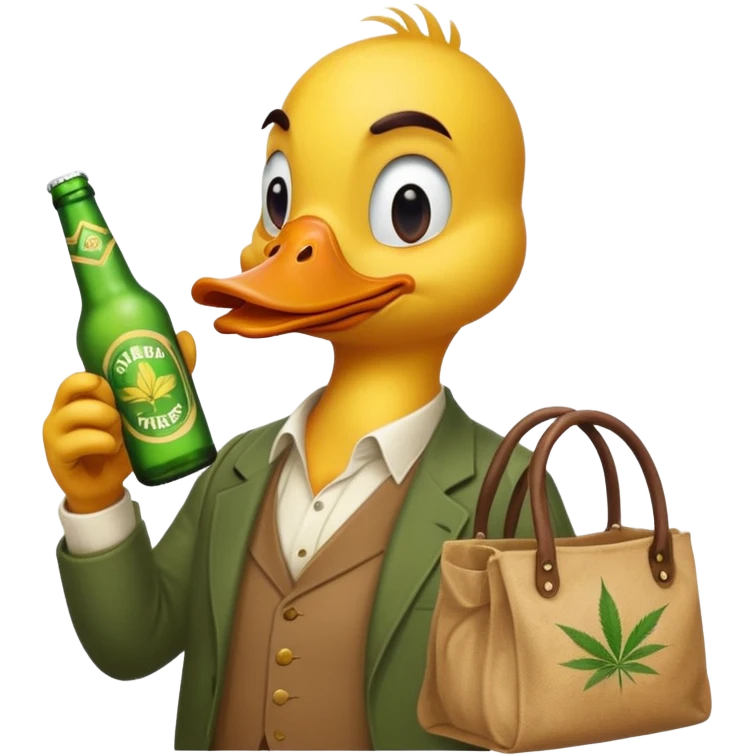 Drunk and high duck animal holding beed bottle and a bag of weed emoji
