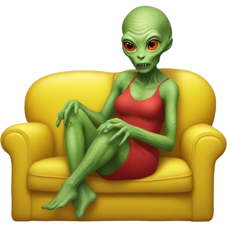 reptilian alien woman in red dress, sitting on a jellow couch  emoji