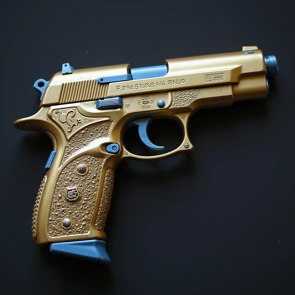 photorealistic gold pistol with blue accents, no heart shapes or motifs, white background emoji