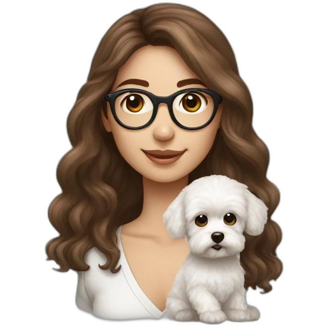 Long brown hair, eyeglassed turkish girl with white maltipoo emoji