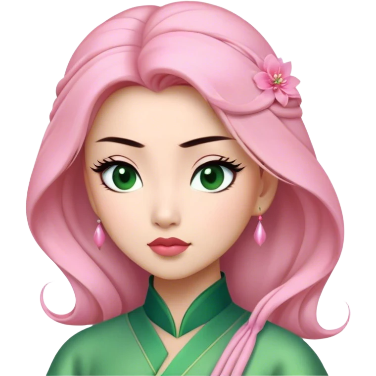 Cinematic Elegant Mulan Portrait Emoji, Dressed in her delicate green matchmaker gown, soft pink makeup, hair pinned perfectly, looking wistful yet radiant, eyes reflecting the depth of her spirit, capturing both her beauty and inner strength! emoji