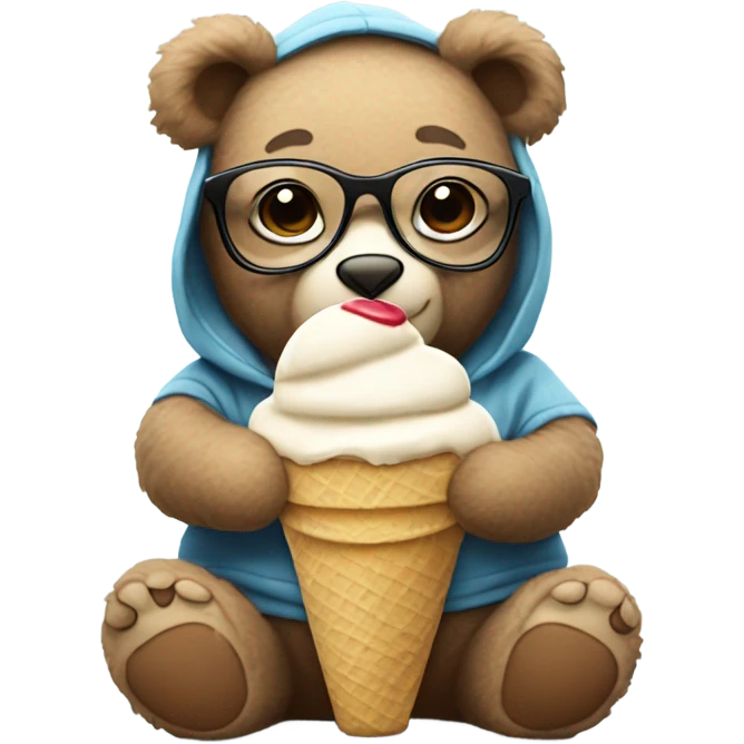 Cuddly teddy bear with glasses and hoodie eating ice cream  emoji