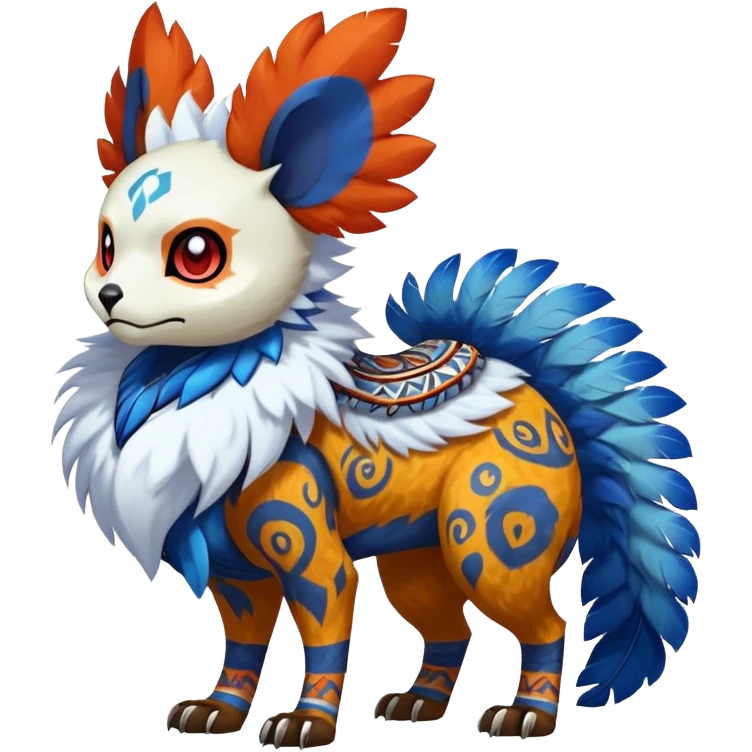 Furry cute colorful exotic tribal feral anime-styled Fakémon-Pokémon-animal-creature with a white skull-face, and blue feathers around neck, with long furry ears, long furry tail, 4 legs, (full body), with intricate pattern-markings emoji