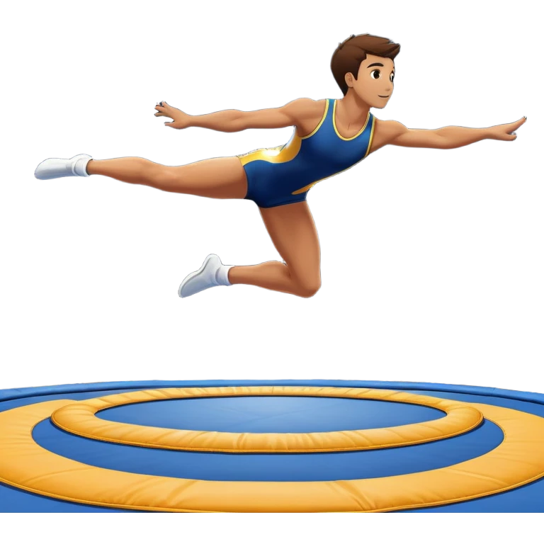 An athletic person soaring high above a trampoline, executing an acrobatic flip with perfect form. The scene captures motion and energy, with a dynamic pose, stretched limbs, and a focused expression. The background suggests a professional trampoline arena with safety padding. emoji