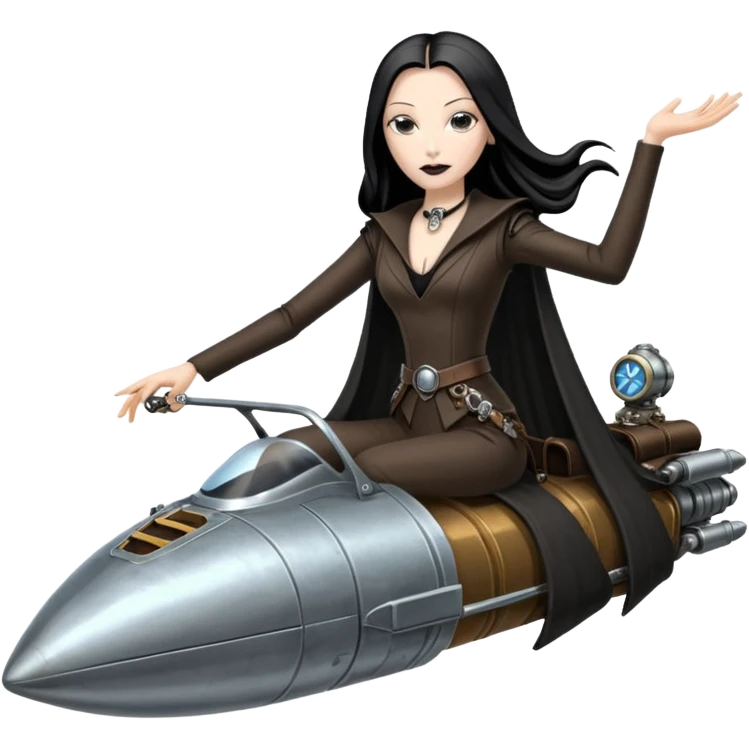 Jedi teen Morticia Addams flying a chrome accented Jumpspeeder anti-gravity repulsorlift powered by an imperial speeder steampunk  emoji