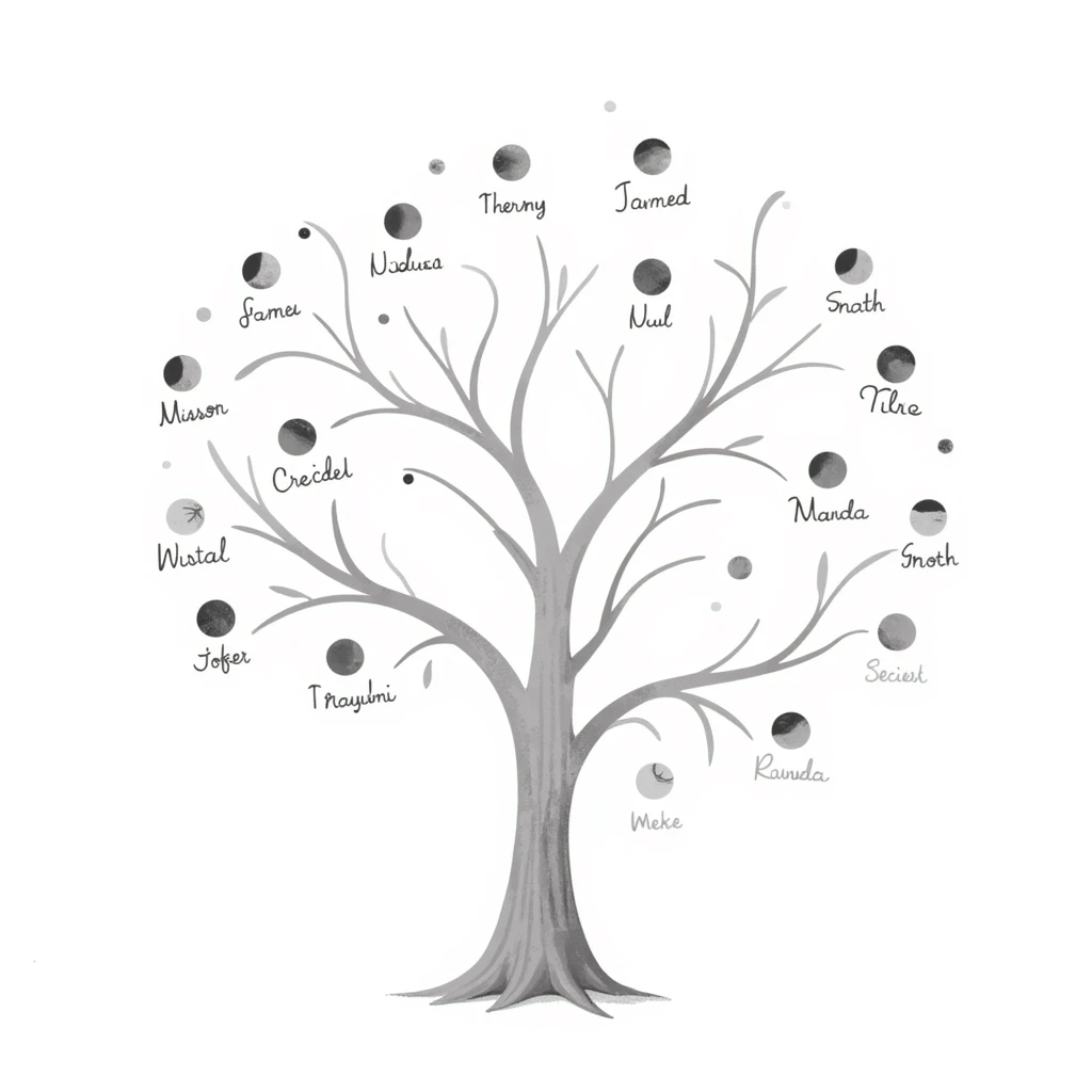 Hand-drawn ethereal family tree with delicate flowing lines connecting ancestor circles, dreamy watercolor-like effects emoji