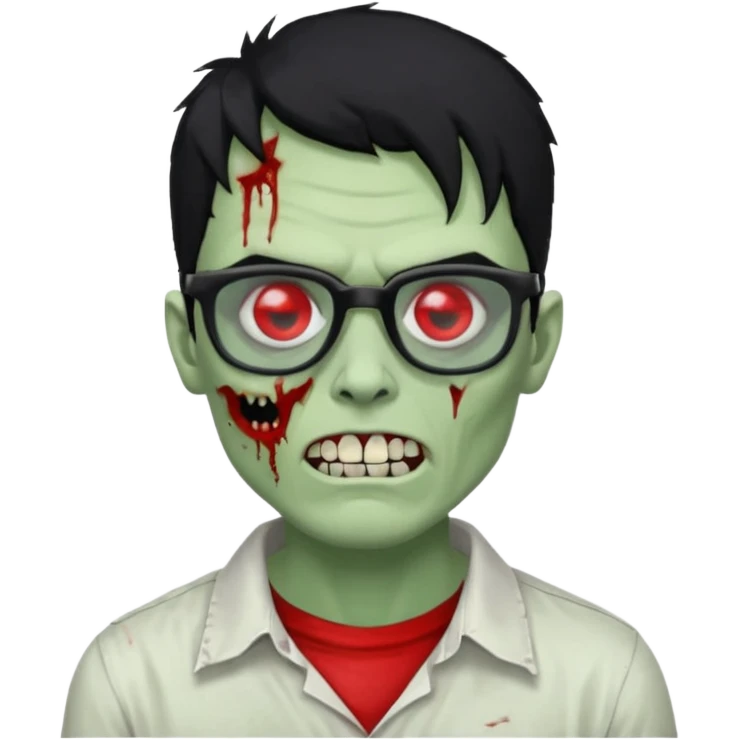homem zumbi de óculos cabelo preto com muita olheira deixar pele dele verde dentes brancos e olhos vermelhos e ensanguentados deixar óculos quadrado e preto e olhos cheio de veias vermelhas e encher o rosto de piercings emoji