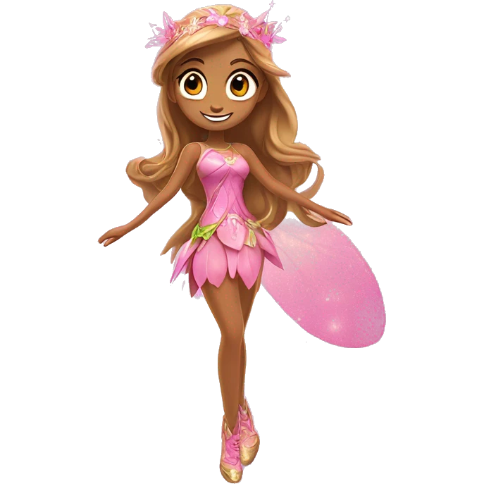 Flora the adult latina fairy of nature in her enchantix fairy pink clothing and fairy enchantix wings and long light brown hair from winx club. Lots of sparkles and fairydust   emoji