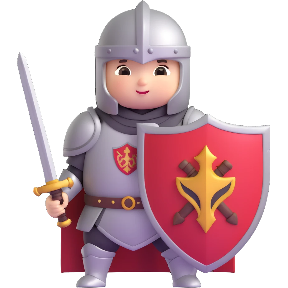 3D emoji style adorable chubby baby knight holding a sword and shield emoji