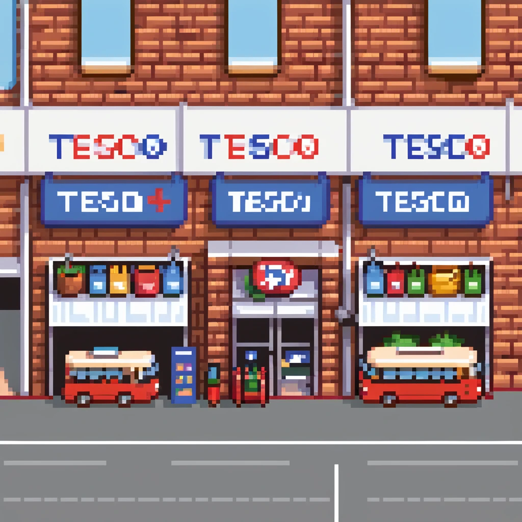 Isometric view of a British supermarket building with red brick facade, Tesco-style signage, shopping trolleys, and small parking area with double-decker bus visible emoji