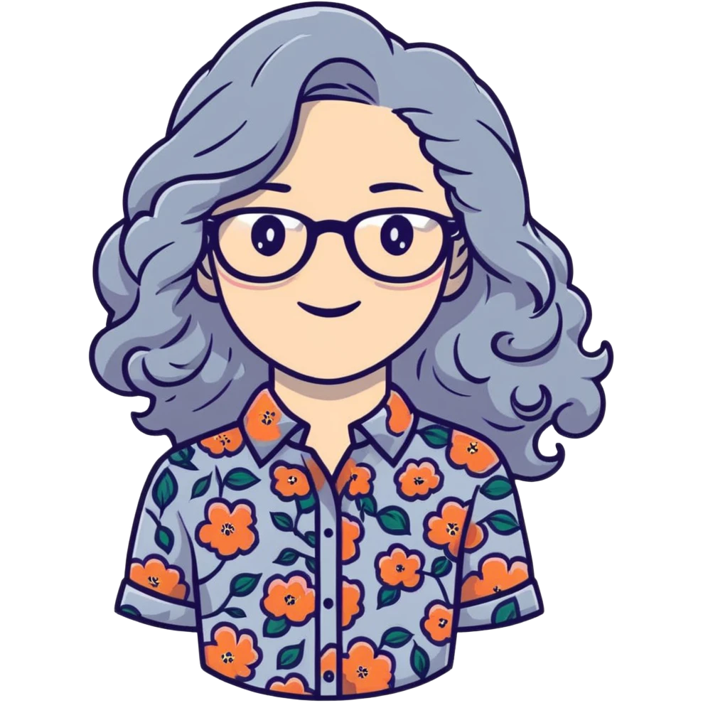 Hippie woman with long curly flowing gray hair and glasses wearing floral shirt emoji