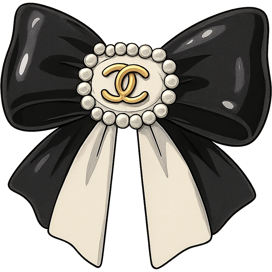 elegant bow with pearls and gold Chanel logo, glossy, black and white emoji