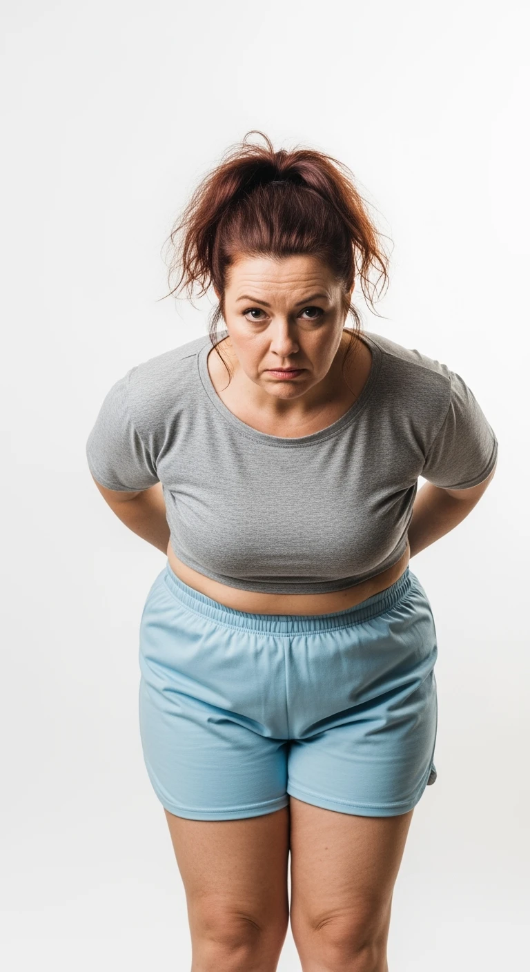 donna con cellulite in gym short leggermente piegata in avanti, con espressione dispiaciuta in volto isolata su sfondo bianco emoji