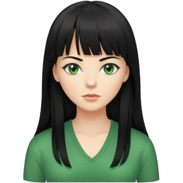 A white woman with Long straight hair with bangs, black hair, green eyes and a low-cut shirt emoji
