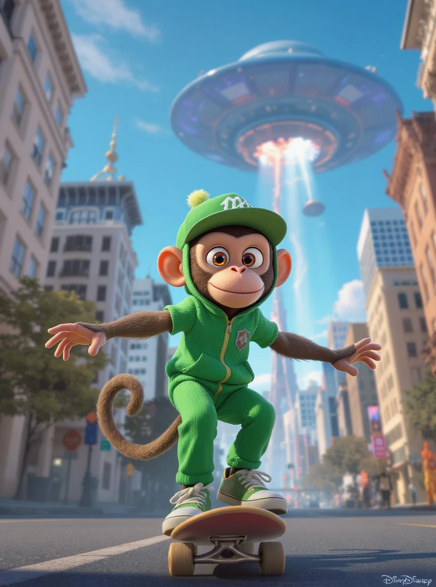 Disney style Cinematic still scane, Low angle shot, Depth, monkey dress in green outfit, monkey ride on skateboard, san francisno downtown with city lanscape, ufo destroying city in background, blue clean sky, captured by ARRI Alexa XT, soft cinematic lightning, back light, inspired by ToyStory 4 emoji