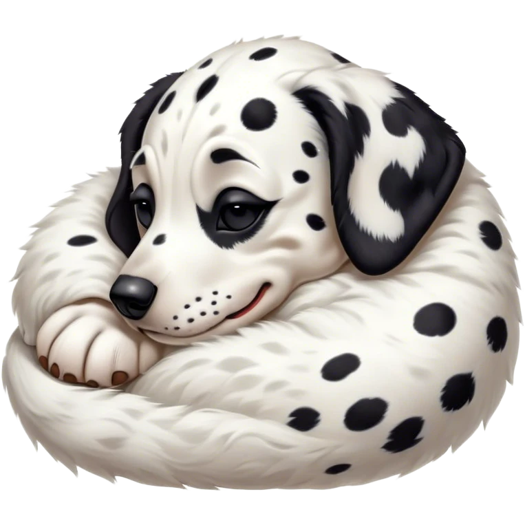 Meme-Worthy Cute Sleeping Spotted Dalmatian Portrait Emoji, Head resting peacefully with a contented smile, showcasing a delightfully majestic build and a luxuriously soft Fur of predominantly white with bold black patches, eyes shut in a serene nap, Simplified yet hilariously adorable features, highly detailed, glowing with a soft, drowsy light, high shine, relaxed and utterly lovable, stylized with an air of playful laziness, bright and heartwarming, soft glowing outline, capturing the essence of a comically sleepy guardian, so meme-worthy it feels like it could instantly become the next viral sensation of adorable slumber! emoji
