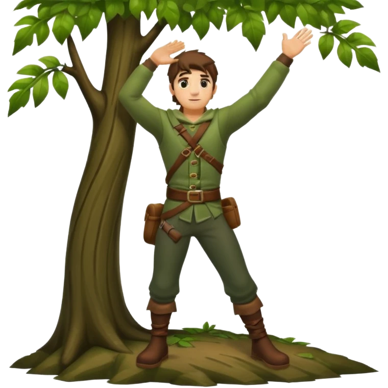 full body forest rogue man, from behind leaning against tree, one arm raised, leaf shadows on back emoji