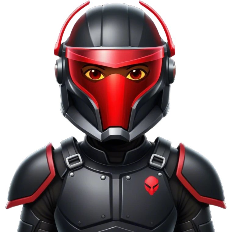A futuristic bounty hunter in sleek black armor, glowing red visor in the dark emoji