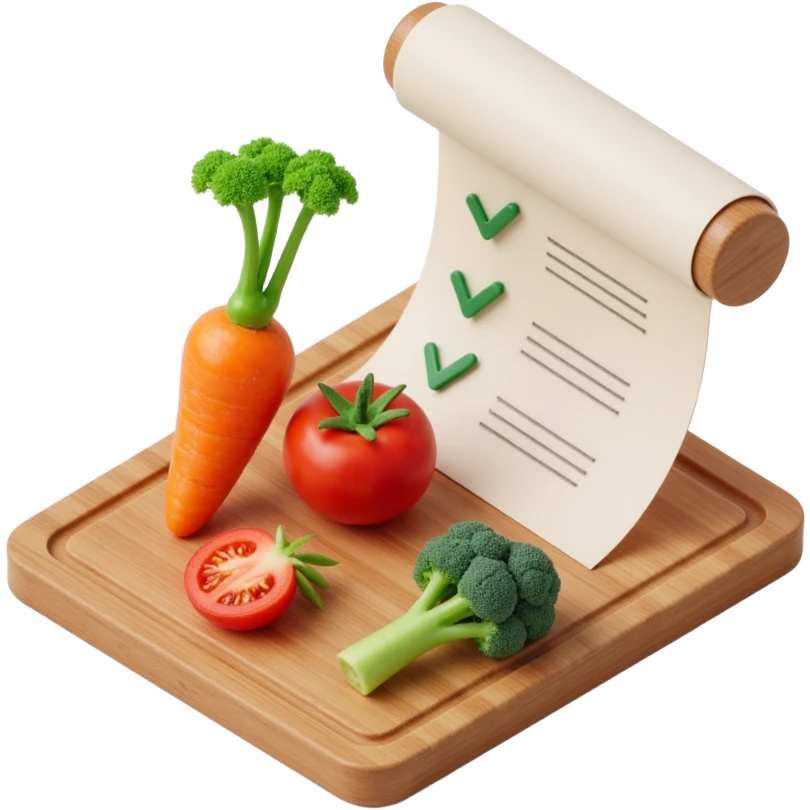 carrot tomato brocoli on the wooden cutting board with floating rolled paper list with green checkboxes emoji
