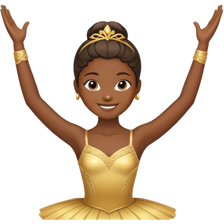 dark-skinned ballerina wearing golden outfit, smiling with raised arms emoji