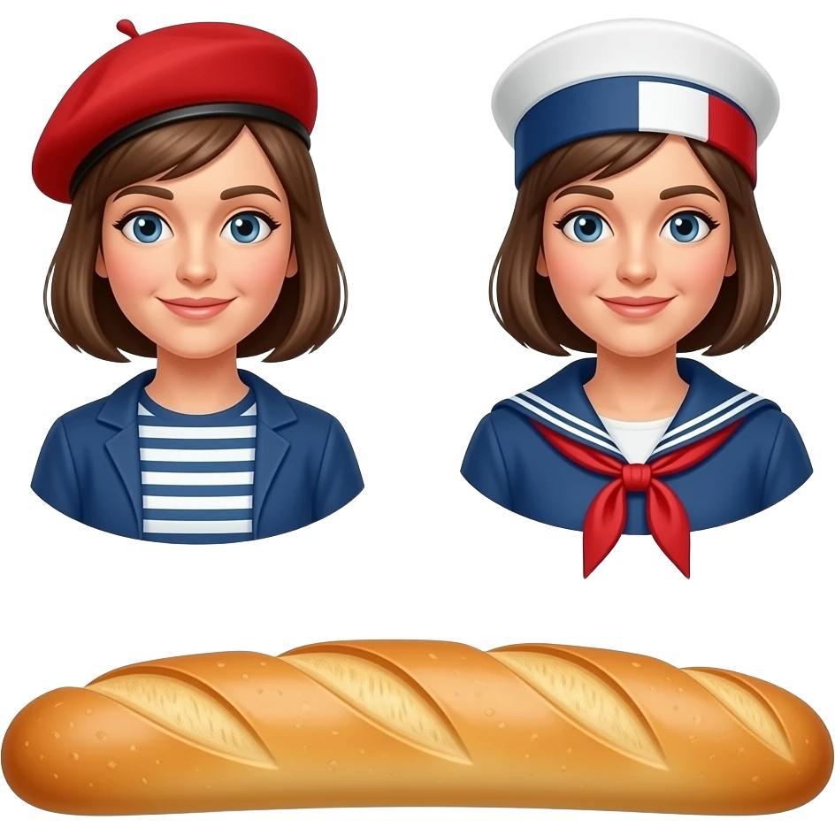 A French woman with a red beret, a sailor and a baguette of bread emoji