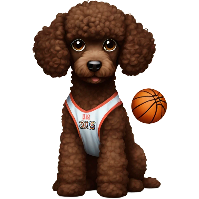 Chocolate brown poodle puppy wearing a basketball jersey emoji